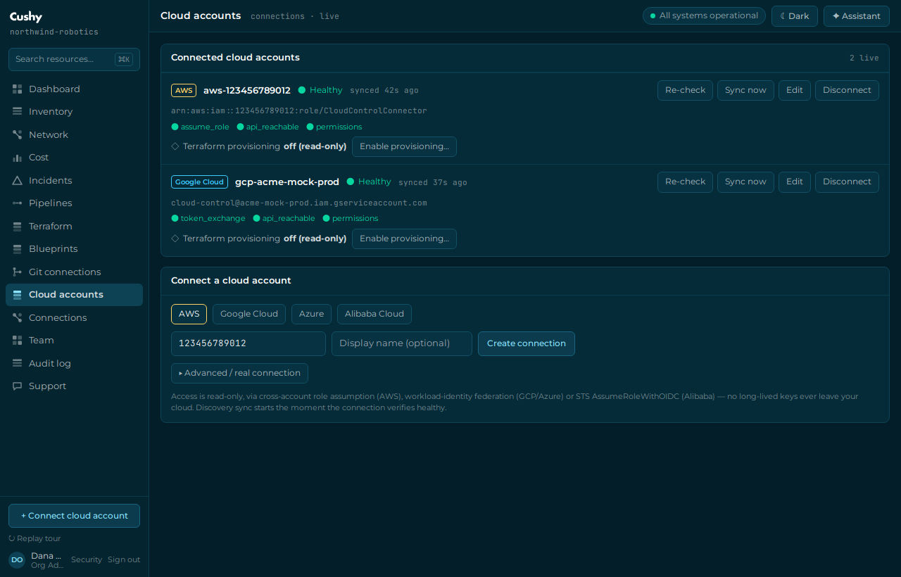 The Cloud accounts screen with the provider picker and the AWS account-id field