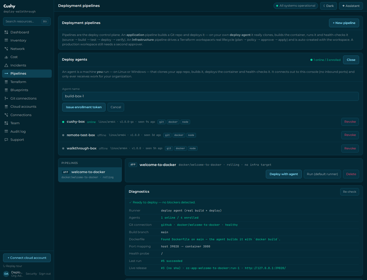The enrollment panel showing a one-time agent token and the install commands