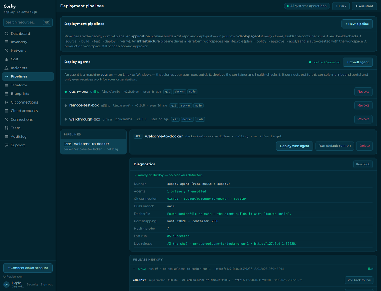 The pipeline diagnostics panel listing agent, git, Dockerfile and port facts