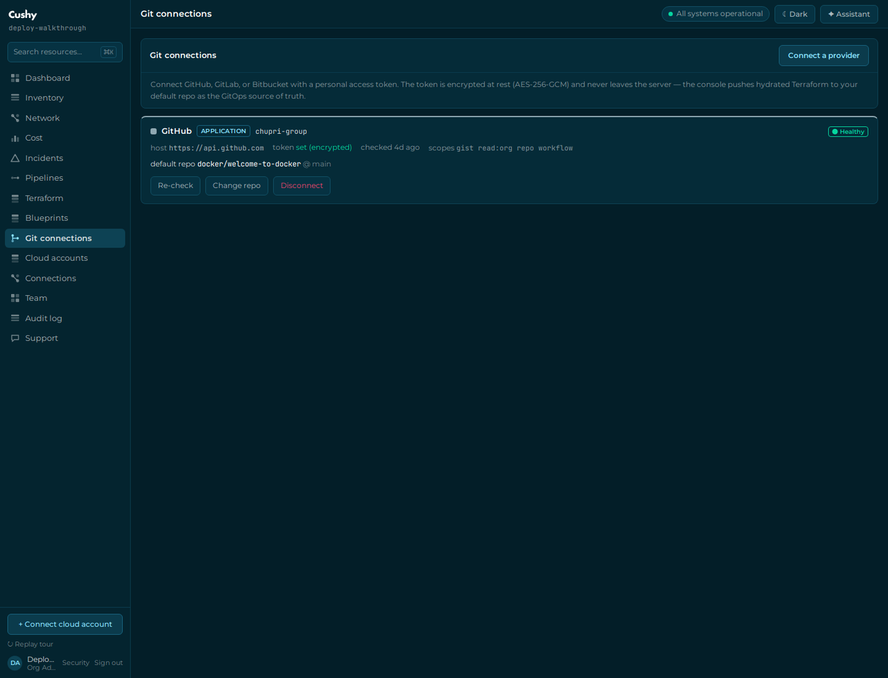 The Git screen showing a connected application repository
