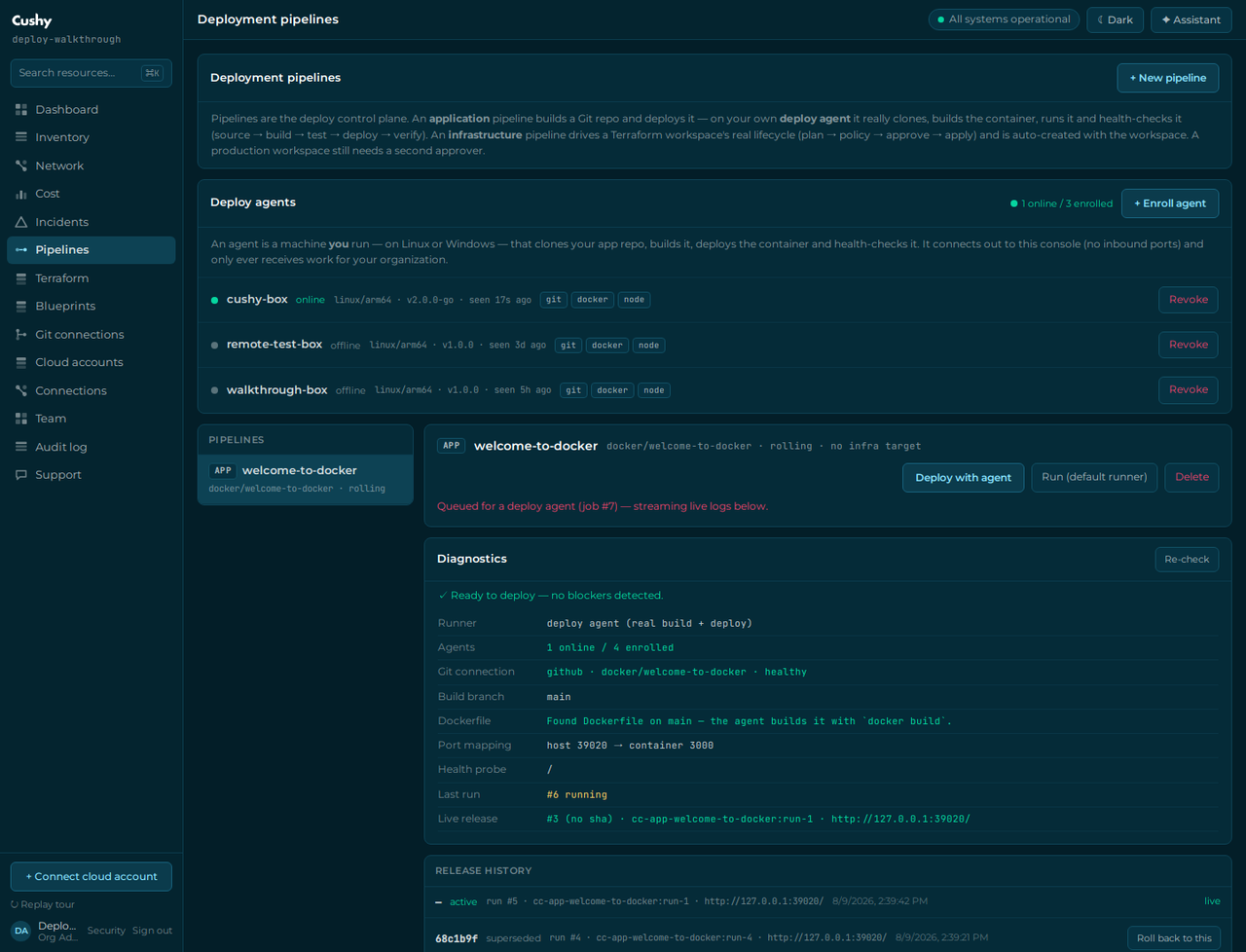 A queued deploy run showing the pending source, build, deploy and verify stages