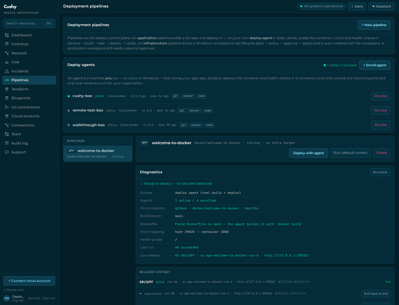 A successful deploy run with per-stage exit codes and durations