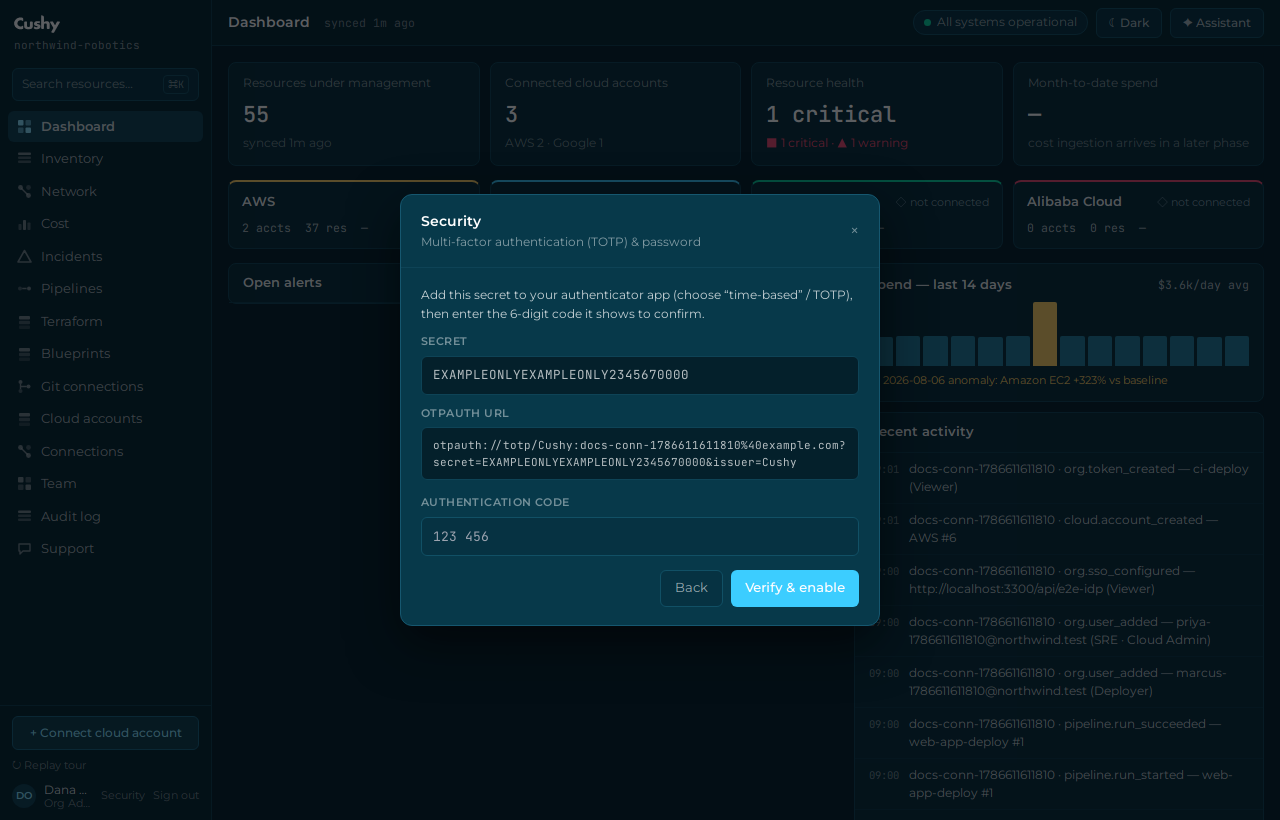 The security panel showing TOTP MFA enrollment with the secret and QR
