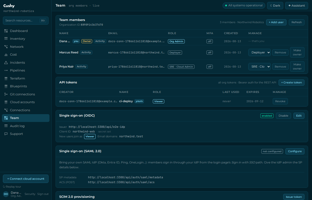 The org-admin single sign-on configuration card on the Team page