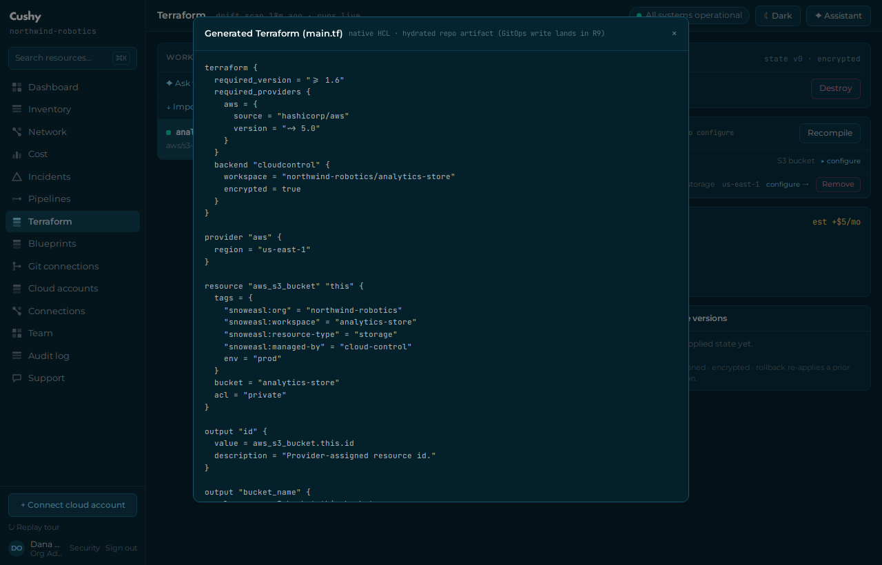 The View generated Terraform modal showing the composed native HCL main.tf for an S3 bucket blueprint
