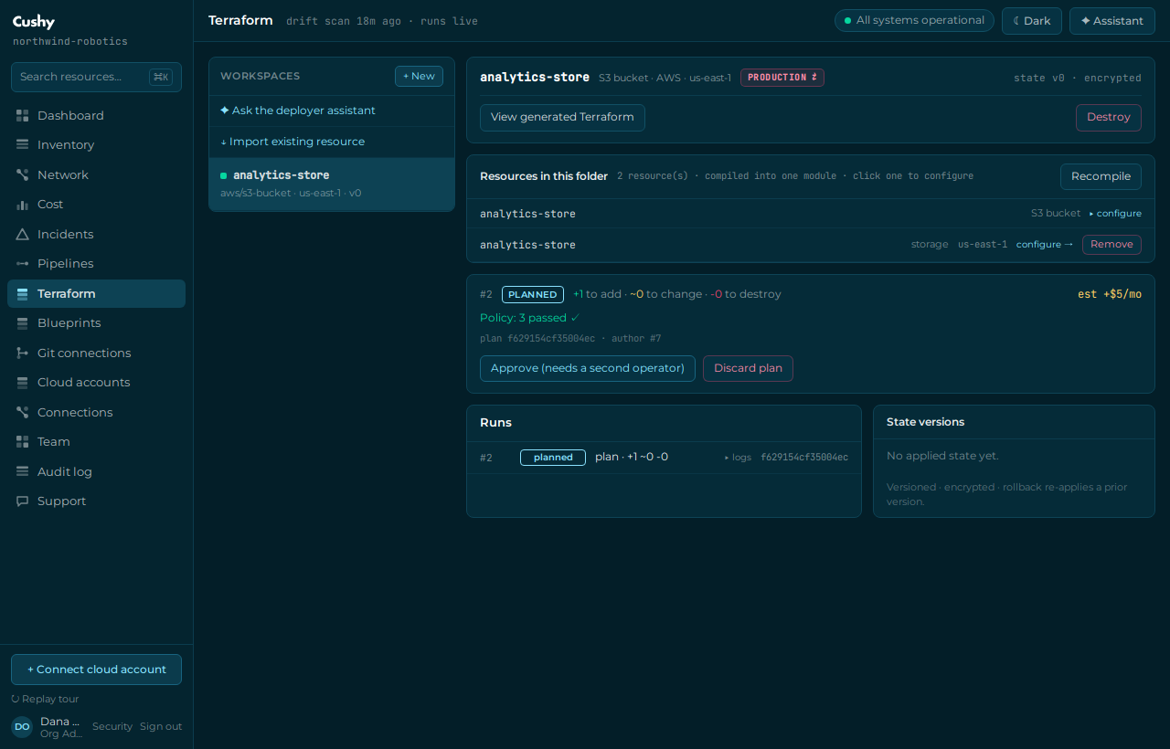 The Terraform screen: a workspace with a planned run showing the diff, policy pass, cost estimate and the approve control