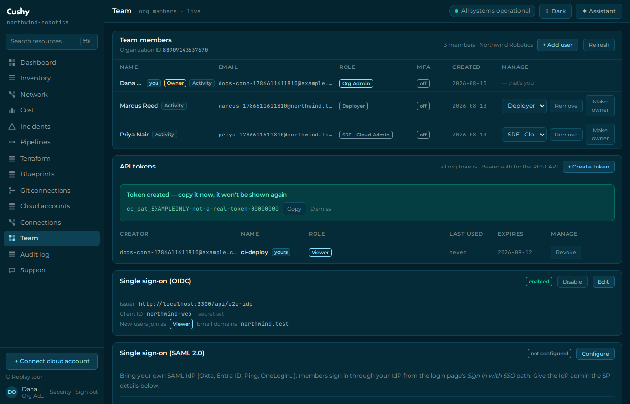 Creating an API token on the Team page, showing the one-time cc_pat secret